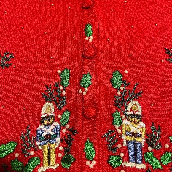 Vintage Red Christmas Cardigan with Nutcracker Design - Picture 4 of 7